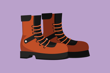 Graphic flat design drawing tourist hiking boots logo icon label. Trekking shoes symbol. Outdoor activity men footwear. Outdoor leather boots symbol. Adventure shoes. Cartoon style vector illustration