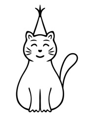 Cat in a festive cap. Sketch. Vector illustration. Smiling muzzle. Animal in a hat with a tassel on top. Doodle style. Coloring book for children. The kitten is celebrating a birthday. 