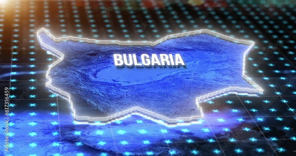 Aufkleber Dark digital map, location of Bulgaria and hologram on blue light hud, pin or 3d rendering. Technology, data and matrix of global position on radar grid, virtual reality or coordinate of country.