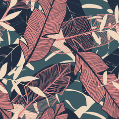 Scandinavian hand drawn seamless pattern with tropic leaves. Doodle style. Vector illustration. Cute botanical elements. Great for textile, decor and printed products.