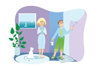 Cartoon couple of workers paint walls. Process of apartment renovation. Redecorating house interior with family. House renovation and repairing. Vector illustration