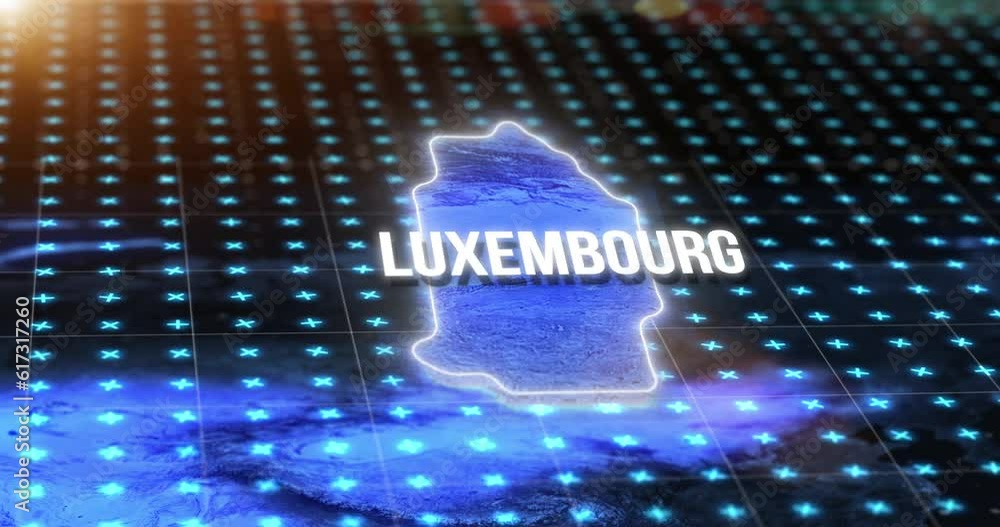Poster digital map, luxembourg country and hologram of location with blue hud, pin and 3d rendering. techno