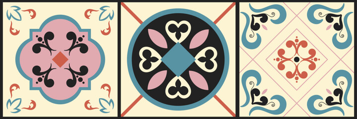 A set of three colorful aesthetic geometric backgrounds. Minimalistic posters for social media, cover design, web, home decor. Vintage illustrations with stripes, shapes, circles, lines.