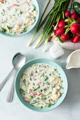 Cold summer soup Okroshka, soup with vegetables and sausage, eggs and fresh herbs and yogurt,...