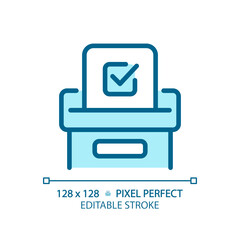 Pixel perfect blue voting icon with checkmark, isolated vector illustration, editable election sign.