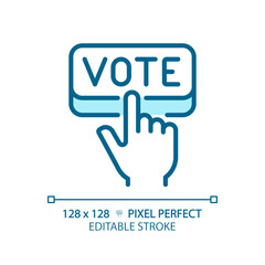 Pixel perfect blue icon of hand pressing vote, vector illustration representing voting, editable election sign.