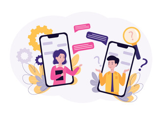 Online customer support through mobile app. Call center service representatives. Process of hotline operators helping clients. Vector illustration on white background