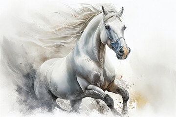 Watercolour abstract aquarelle animal painting of an isolated white horse running through dust and sand which could be used as a poster or flyer, computer Generative AI stock illustration image - obrazy, fototapety, plakaty