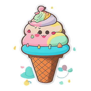  Cartoon ice cream  stickers, Generative Ai illustration, ice cream , ice cream  cartoon, kawaii