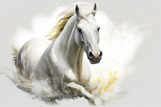 Watercolour abstract aquarelle animal painting of an isolated white horse running through dust and sand which could be used as a poster or flyer, computer Generative AI stock illustration image