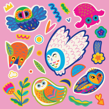 Sticker set of cute bright owls and small nature elements. Vector illustration © penguin_house