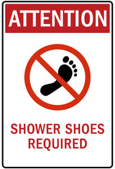 Shower before entering pool sign and labels shower shoes required