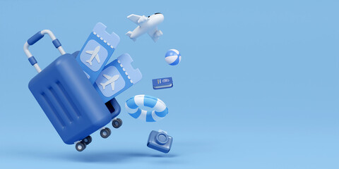 3d Traveler tourist accessories luggage suitcase map passport tickets vacation holidays trip plane map pin. travel concept. 3d rendering.