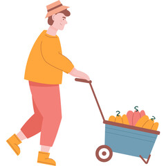 Man farmer pushing wheelbarrow with veggie icon