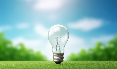 Eco friendly lightbulb on green grass blue sky background, Renewable and sustainable energy. Generative AI