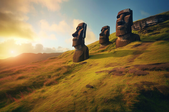 Generative AI.
background of moai statues in the mountains