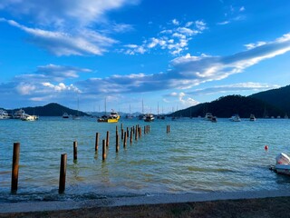 Sea, ships and harbor. Beautiful landscape of mugla.