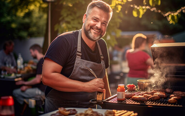A man busy at the barbecue on a day of celebration. Chubby and joyful - 617319865