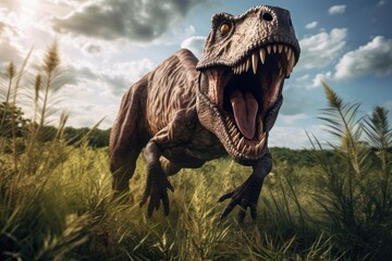 tyrannosaurus rex in the grass - obrazy, fototapety, plakaty