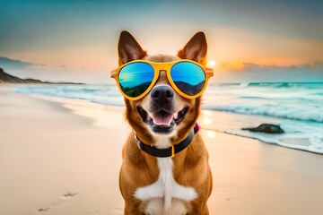 Naklejka na ściany i meble dog with glasses on vacation generative AI