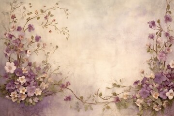 Fototapeta na wymiar Hand painted canvas backdrop in soft purple and creams with flowers over a vine creeping up, lots of empty copy space Generative AI 