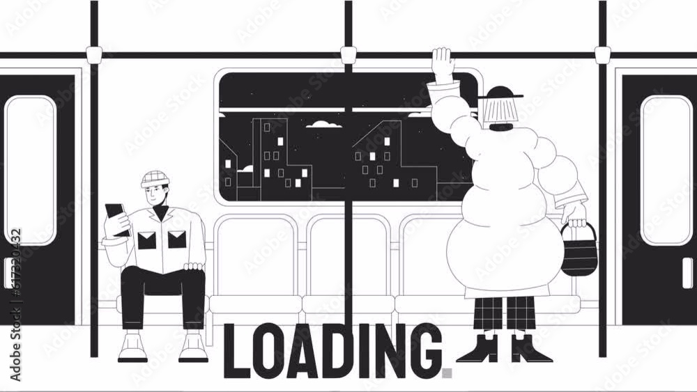Poster commuter rail bw loader animation. public transport. train people traveling. flash message 4k video.