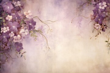 Obraz na płótnie Canvas Hand painted canvas backdrop in soft purple and creams with flowers over a vine creeping up, lots of empty copy space Generative AI 