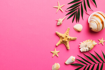 Summer time concept Flat lay composition with beautiful starfish and sea shells on colored table,...