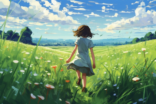Generative AI.
anime style background of a woman walking in the meadow