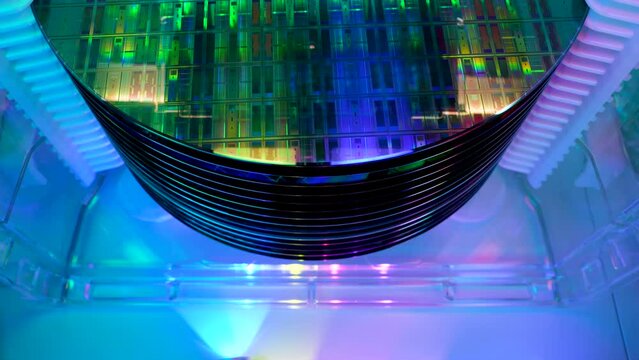 Silicon Wafer Under Cleanroom Fabrication in plastic holder box used in electronics for the fabrication of integrated circuits