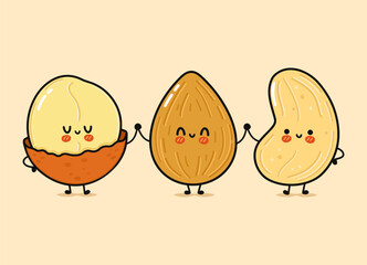 Cute, funny happy almonds, Macadamia and cashews nut. Vector hand drawn cartoon kawaii characters, illustration icon. Funny happy cartoon almond, Macadamia cashew nut mascot friends concept