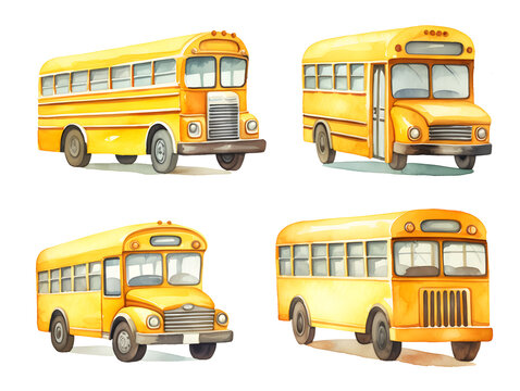Back to school element collection illustration design with watercolor graphic bus collection. Generative AI