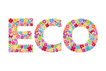 Ecological logo ECO. Floral symbols forming a word ECO. Floral ornament in the form of a letters.
