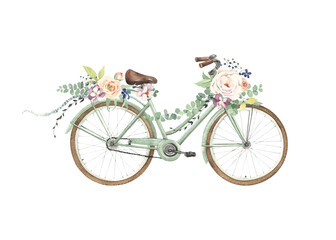 Fototapeta na wymiar Bicycle with floral decoration of delicate roses, small colored flowers and green eucalyptus branches, watercolor isolated print for romantic message, wedding invitation, symbol healthy life style.