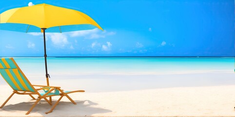Beach landscape. White sand beach with sun lounger and umbrella.