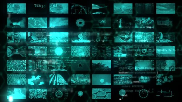 programming code language with blue tint collage montage of many futuristic robotic videos and a.i. working on human job writing binary code overlay