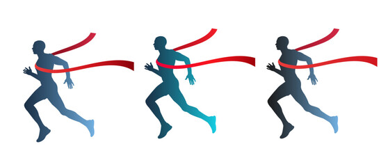 Set of silhouettes of a man and a woman running with a red finish ribbon. The winners came first.