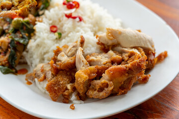 Different thai street food on sale at one of the markets at Chiang Mai, Thailand. Selective focus