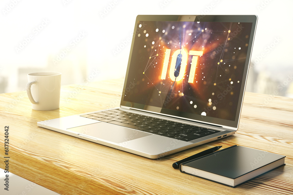 Poster Creative IOT hologram on modern laptop monitor, internet of things concept. 3D Rendering
