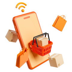 Red shopping baskets and parcel box float in the air above a smartphone for online shopping concept design.