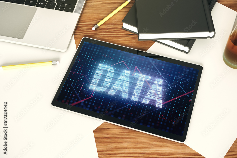 Leinwandbilder creative data word hologram on modern digital tablet screen, big data and blockchain concept. top vi