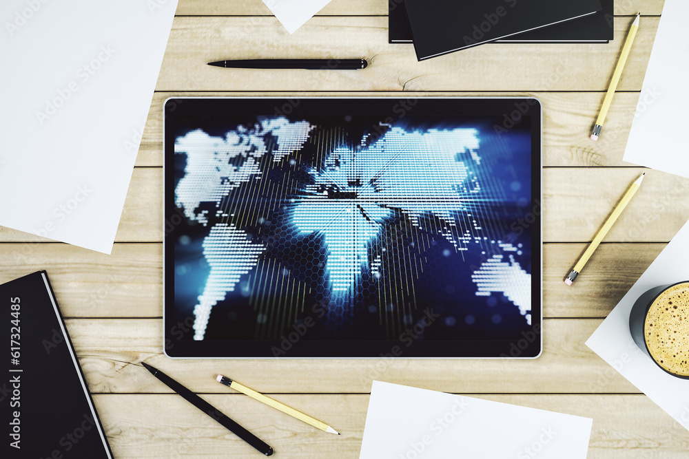 Poster abstract graphic world map on modern digital tablet screen, connection and communication concept. to