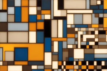 Abstract background of rectangles in yellow, brown, blue, black.