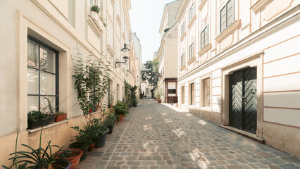 Historic street with traditional houses in Vienna, Austria, Neubau district - 617324467