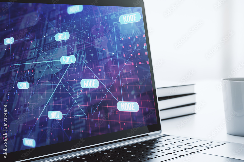 Aufkleber Modern computer display with abstract software development hologram, research and analytics concept. 3D Rendering