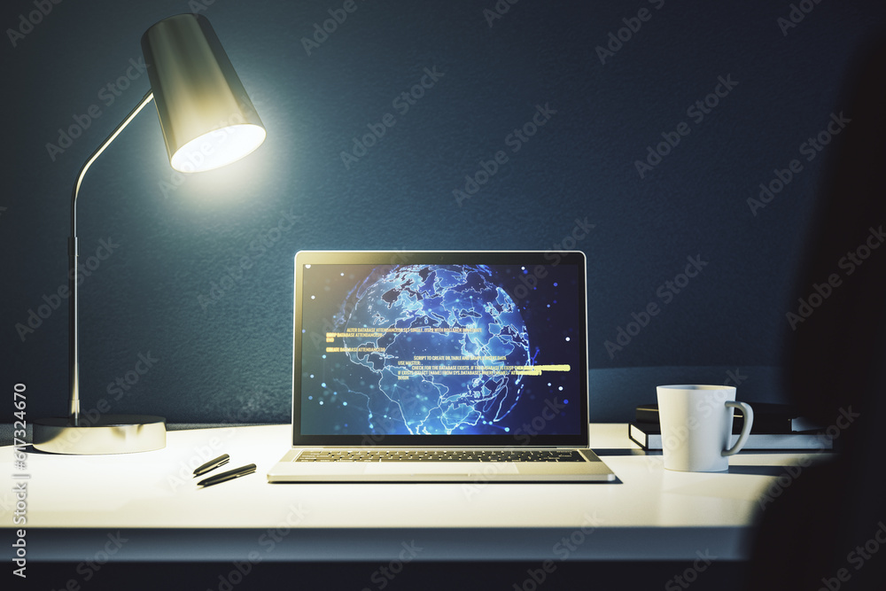 Leinwandbilder modern computer screen with abstract graphic coding sketch and world map, big data and networking co