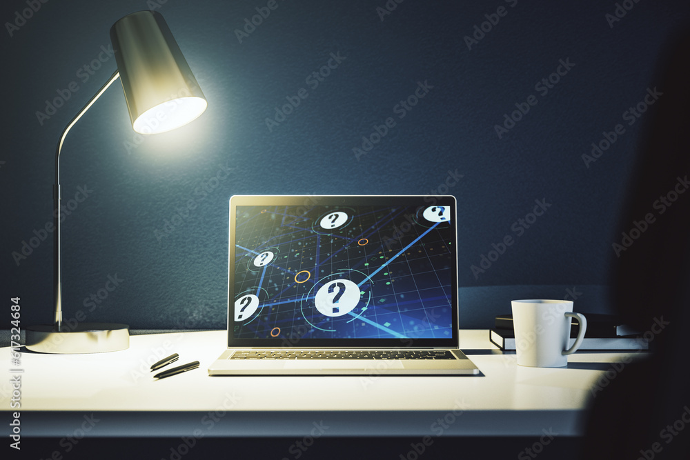 Aufkleber creative abstract question mark hologram on modern computer monitor, future technology concept. 3d r
