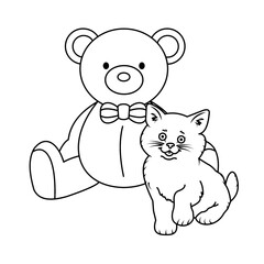 Cat with Teddy bear behind, cat and teddy bear drawing, illustration of cat stuffed animal, vector illustration design.
