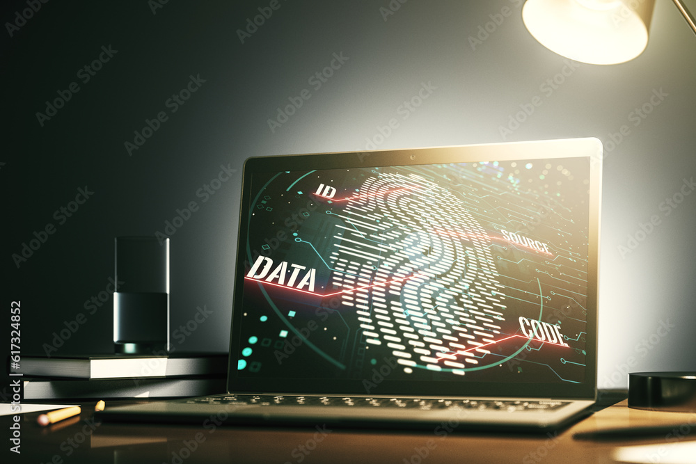 Aufkleber Modern computer monitor with abstract creative fingerprint hologram, research and development concept. 3D Rendering