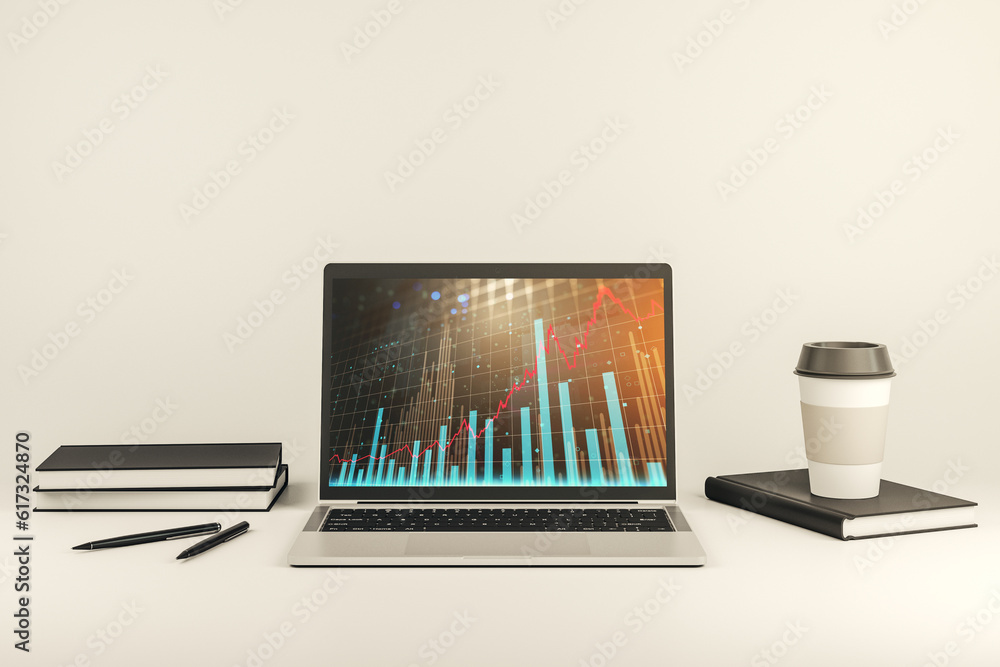 Poster abstract creative financial graph on modern laptop monitor, forex and investment concept. 3d renderi